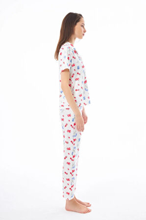 Premium Kadın Pijama Takımı Meyve Desenli Yumuşak Dokulu Kısa Kollu Gömlek Yaka
