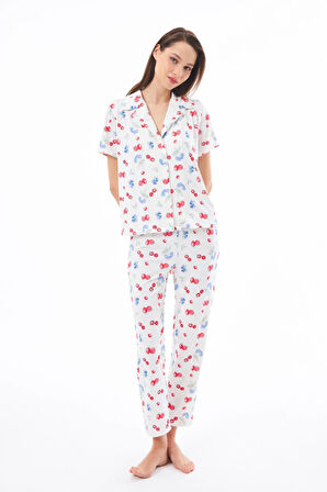 Premium Kadın Pijama Takımı Meyve Desenli Yumuşak Dokulu Kısa Kollu Gömlek Yaka