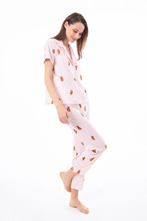 Premium Kadın Pijama Takımı Krem Ayıcık Desenli Yumuşak Dokulu Kısa Kollu Gömlek Yaka