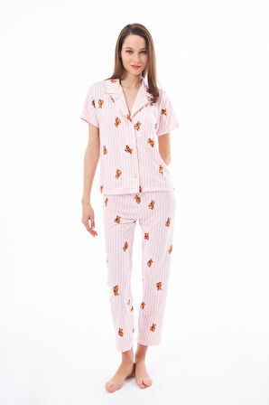 Premium Kadın Pijama Takımı Krem Ayıcık Desenli Yumuşak Dokulu Kısa Kollu Gömlek Yaka