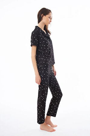 Premium Kadın Pijama Takımı Siyah Kalp Desenli Yumuşak Dokulu Kısa Kollu Gömlek Yaka