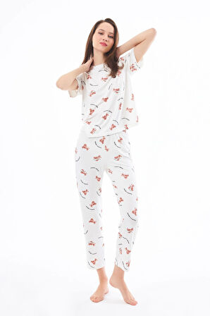 Premium Kadın Pijama Takımı Ayıcık Desenli Yumuşak Dokulu Kısa Kollu Bisiklet Yaka