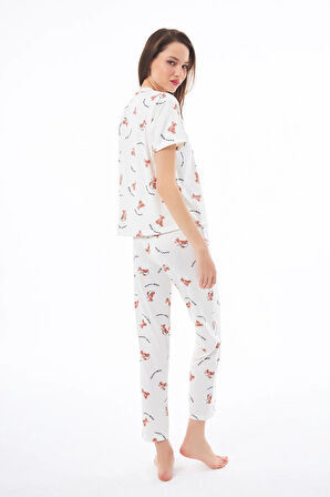 Premium Kadın Pijama Takımı Ayıcık Desenli Yumuşak Dokulu Kısa Kollu Bisiklet Yaka