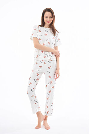 Premium Kadın Pijama Takımı Ayıcık Desenli Yumuşak Dokulu Kısa Kollu Bisiklet Yaka