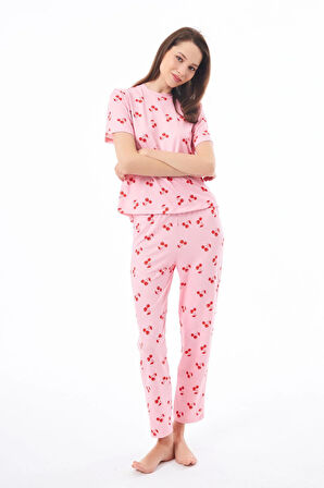 Premium Kadın Pijama Takımı Kiraz Desenli Yumuşak Dokulu Kısa Kollu Bisiklet Yaka