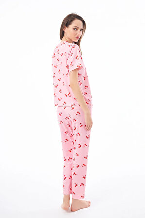 Premium Kadın Pijama Takımı Kiraz Desenli Yumuşak Dokulu Kısa Kollu Bisiklet Yaka