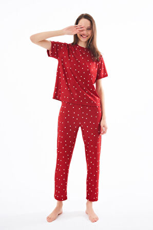Premium Kadın Pijama Takımı Kırmızı Kalp Desenli Yumuşak Dokulu Kısa Kollu Bisiklet Yaka