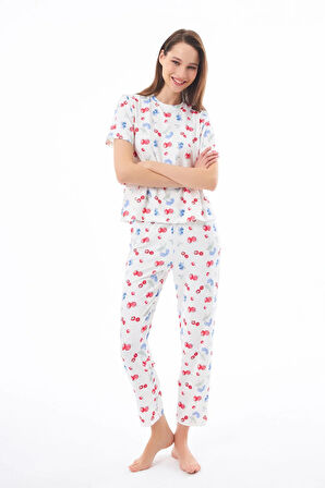 Premium Kadın Pijama Takımı Meyve Desenli Yumuşak Dokulu Kısa Kollu Bisiklet Yaka