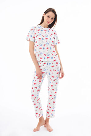 Premium Kadın Pijama Takımı Meyve Desenli Yumuşak Dokulu Kısa Kollu Bisiklet Yaka