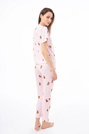 Premium Kadın Pijama Takımı Krem Ayıcık Desenli Yumuşak Dokulu Kısa Kollu Bisiklet Yaka