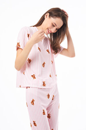 Premium Kadın Pijama Takımı Krem Ayıcık Desenli Yumuşak Dokulu Kısa Kollu Bisiklet Yaka