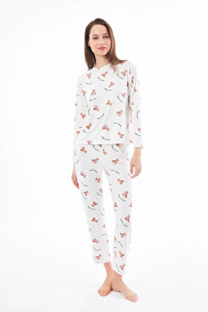 Premium Kadın Pijama Takımı Ayıcık Desenli Yumuşak Dokulu Bisiklet Yaka Uzun Kollu