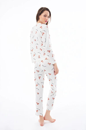 Premium Kadın Pijama Takımı Ayıcık Desenli Yumuşak Dokulu Bisiklet Yaka Uzun Kollu