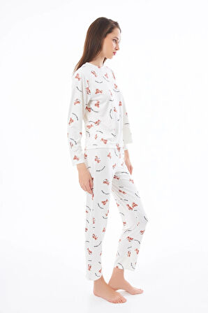 Premium Kadın Pijama Takımı Ayıcık Desenli Yumuşak Dokulu Bisiklet Yaka Uzun Kollu
