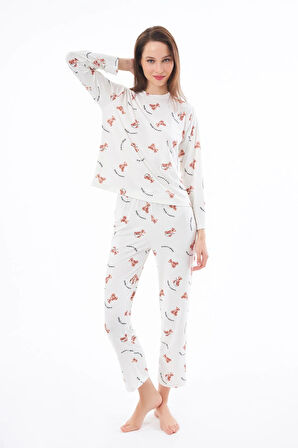 Premium Kadın Pijama Takımı Ayıcık Desenli Yumuşak Dokulu Bisiklet Yaka Uzun Kollu