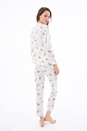 Premium Kadın Pijama Takımı Ayıcık Desenli Yumuşak Dokulu Bisiklet Yaka Uzun Kollu