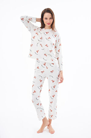 Premium Kadın Pijama Takımı Ayıcık Desenli Yumuşak Dokulu Bisiklet Yaka Uzun Kollu