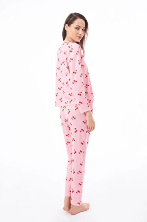 Premium Kadın Pijama Takımı Kiraz Desenli Yumuşak Dokulu Bisiklet Yaka Uzun Kollu