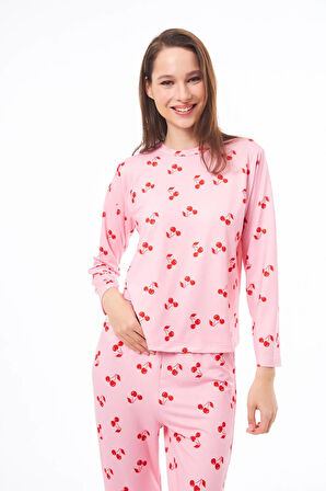 Premium Kadın Pijama Takımı Kiraz Desenli Yumuşak Dokulu Bisiklet Yaka Uzun Kollu