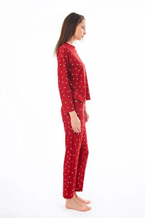 Premium Kadın Pijama Takımı Kırmızı Kalp Desenli Yumuşak Dokulu Bisiklet Yaka Uzun Kollu