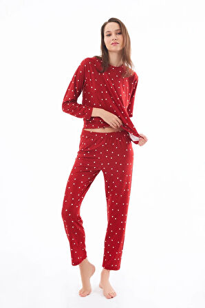 Premium Kadın Pijama Takımı Kırmızı Kalp Desenli Yumuşak Dokulu Bisiklet Yaka Uzun Kollu