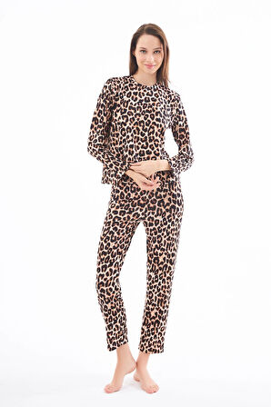 Premium Kadın Pijama Takımı Leopar Desenli Yumuşak Dokulu Bisiklet Yaka Uzun Kollu