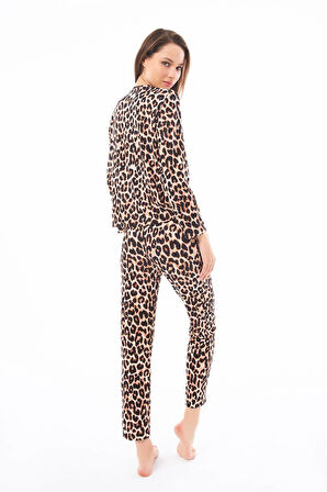 Premium Kadın Pijama Takımı Leopar Desenli Yumuşak Dokulu Bisiklet Yaka Uzun Kollu
