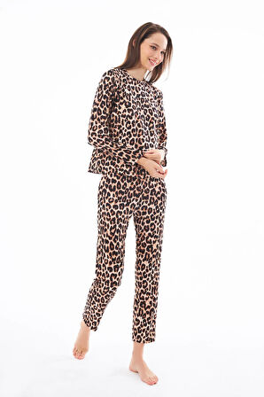 Premium Kadın Pijama Takımı Leopar Desenli Yumuşak Dokulu Bisiklet Yaka Uzun Kollu