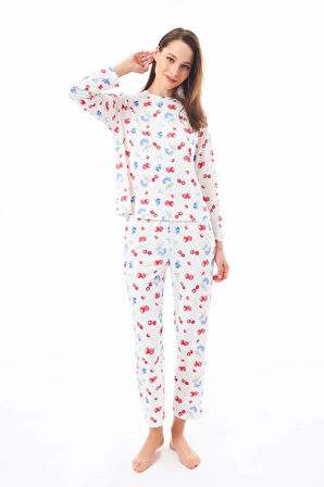 Premium Kadın Pijama Takımı Meyve Desenli Yumuşak Dokulu Bisiklet Yaka Uzun Kollu