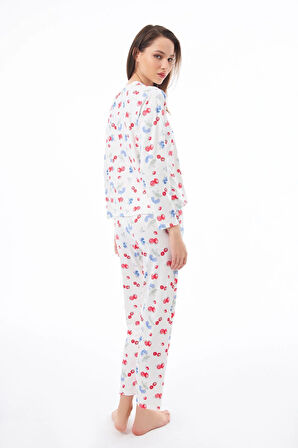 Premium Kadın Pijama Takımı Meyve Desenli Yumuşak Dokulu Bisiklet Yaka Uzun Kollu