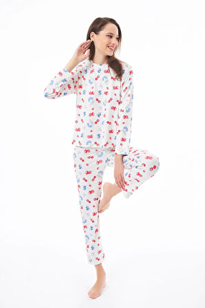 Premium Kadın Pijama Takımı Meyve Desenli Yumuşak Dokulu Bisiklet Yaka Uzun Kollu