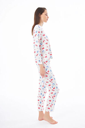Premium Kadın Pijama Takımı Meyve Desenli Yumuşak Dokulu Bisiklet Yaka Uzun Kollu