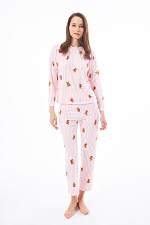 Premium Kadın Pijama Takımı Krem Ayıcık Desenli Yumuşak Dokulu Bisiklet Yaka Uzun Kollu
