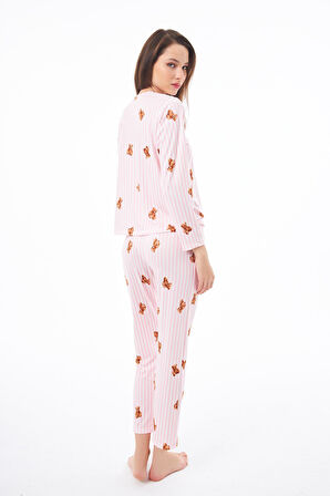 Premium Kadın Pijama Takımı Krem Ayıcık Desenli Yumuşak Dokulu Bisiklet Yaka Uzun Kollu