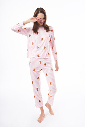 Premium Kadın Pijama Takımı Krem Ayıcık Desenli Yumuşak Dokulu Bisiklet Yaka Uzun Kollu