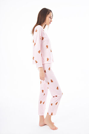 Premium Kadın Pijama Takımı Krem Ayıcık Desenli Yumuşak Dokulu Bisiklet Yaka Uzun Kollu