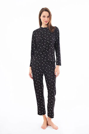 Premium Kadın Pijama Takımı Siyah Kalp Desenli Yumuşak Dokulu Bisiklet Yaka Uzun Kollu
