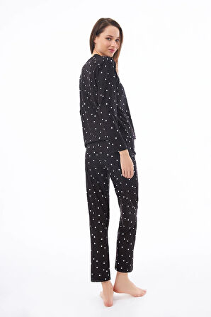 Premium Kadın Pijama Takımı Siyah Kalp Desenli Yumuşak Dokulu Bisiklet Yaka Uzun Kollu