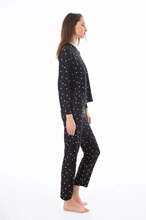 Premium Kadın Pijama Takımı Siyah Kalp Desenli Yumuşak Dokulu Bisiklet Yaka Uzun Kollu