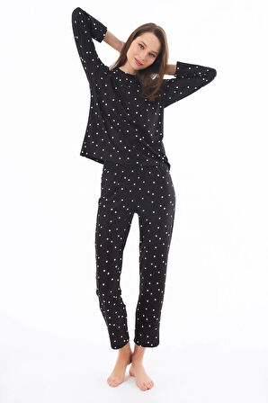 Premium Kadın Pijama Takımı Siyah Kalp Desenli Yumuşak Dokulu Bisiklet Yaka Uzun Kollu