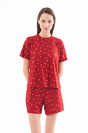 Premium Şortlu Kadın Pijama Takımı Kırmızı Kalp Desenli Yumuşak Dokulu Bisiklet Yaka Kısa Kollu