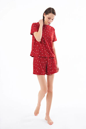Premium Şortlu Kadın Pijama Takımı Kırmızı Kalp Desenli Yumuşak Dokulu Bisiklet Yaka Kısa Kollu