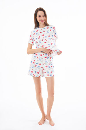 Premium  Yazlık Şortlu Kadın Pijama Takımı Meyve Desenli Yumuşak Dokulu Bisiklet Yaka Kısa Kollu