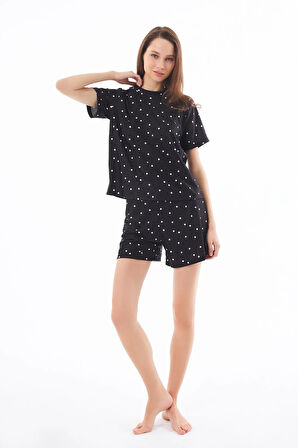 Premium Yazlık Şortlu Kadın Pijama Takımı Siyah Kalp Desenli Yumuşak Dokulu Bisiklet Yaka Kısa Kollu