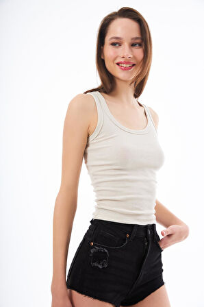 Bej Pamuklu Kalın Askılı Fitilli Kadın Atlet