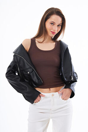 Kahverengi Pamuklu Kalın Askılı Fitilli Kadın Atlet