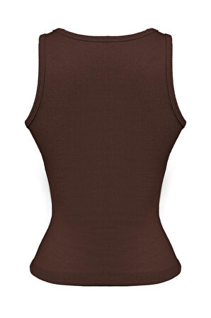 Kahverengi Pamuklu Kalın Askılı Fitilli Toka Detaylı Kadın Atlet