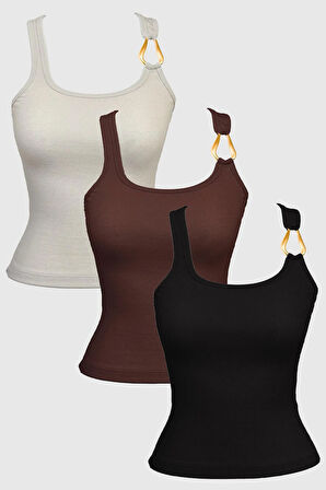 Pamuklu Kalın Askılı Fitilli Toka Detaylı Kadın Atlet 3'lü Paket