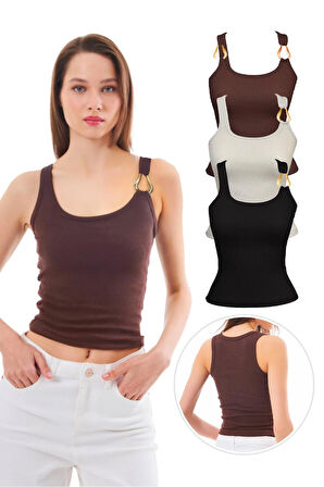 Pamuklu Kalın Askılı Fitilli Toka Detaylı Kadın Atlet 3'lü Paket