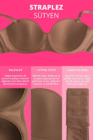 Kahverengi Balenli Toparlayıcı Dolgusuz Straplez Sütyen